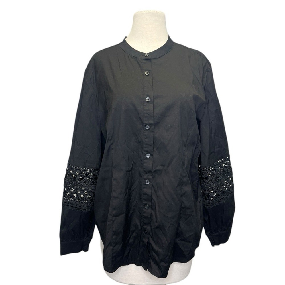 Chicos Lace Crochet Poet Sleeve Top sz 3 / 16 Black‎ Cotton Blend Eyelet Boho